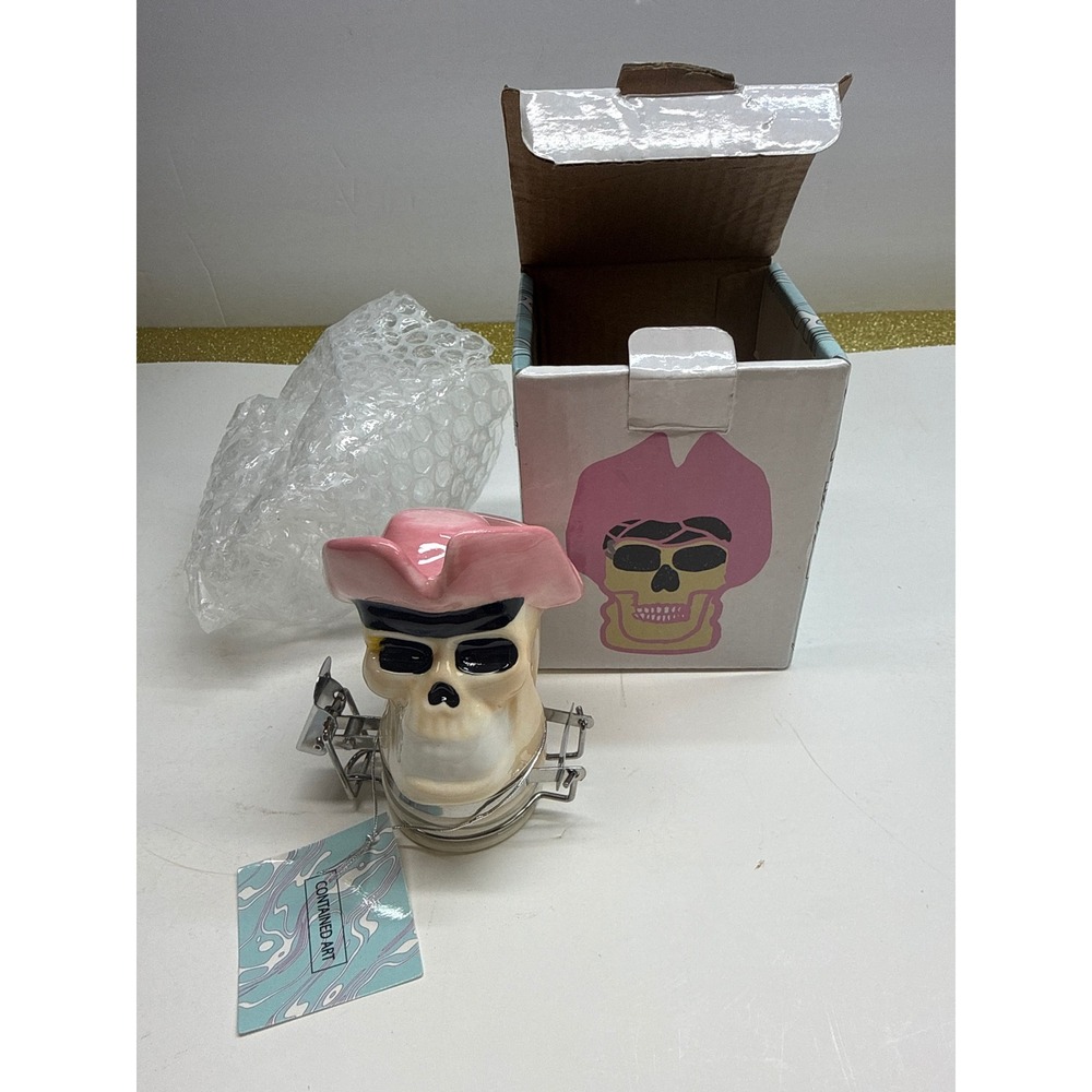 Contained Art Skull Pink Cowboy Hat Ceramic Airtight Stash Jar New in Box